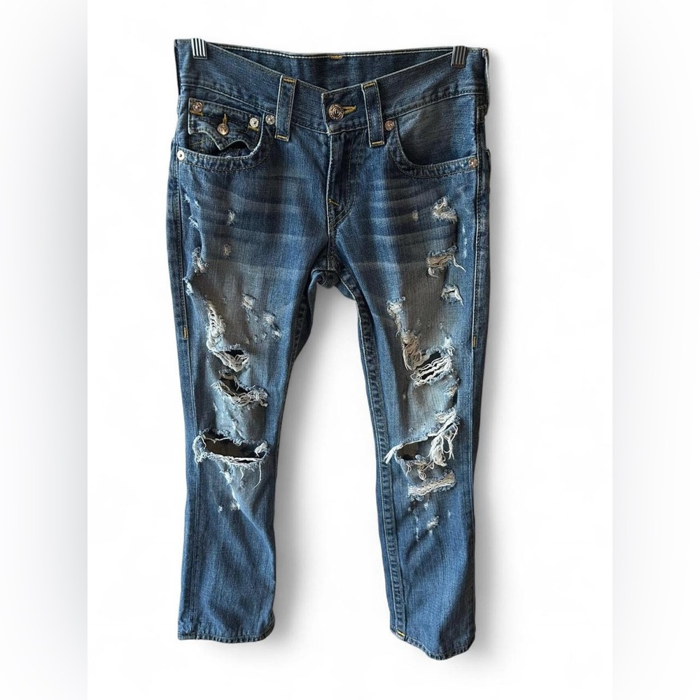 Y2K True Religion Womens Straight Leg Distressed Ripped Jeans Sz 27